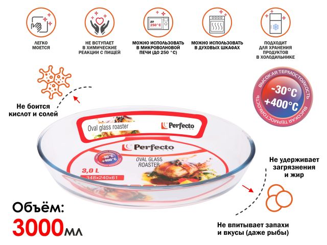 Форма из жаропрочного стекла, 3.0 л, овальная, 348х240х64 мм, PERFECTO LINEA