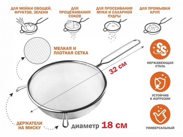 Дуршлаг с ручкой из нерж.стали, диам.18см,  PERFECTO LINEA