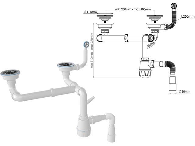 Сифон для кухни с круглым переливом, двойной, выпуски 3 1/2, с гибкой трубой 1 1/2 - 40/50мм, AV Eng