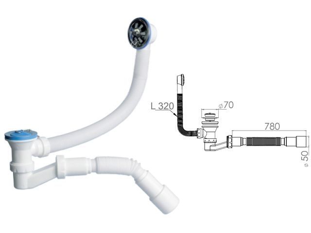 Сифон для ванны низкий h 120mm, метал. цепочкой, выпуск 70 мм, с гибкой трубой 40х40/50, AV Engineer