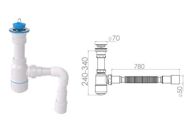 Сифон для умывальника с прикручивающимся выпуском 70мм , с гибкой трубой 1 1/2&quot; - 40/50мм, AV Engine
