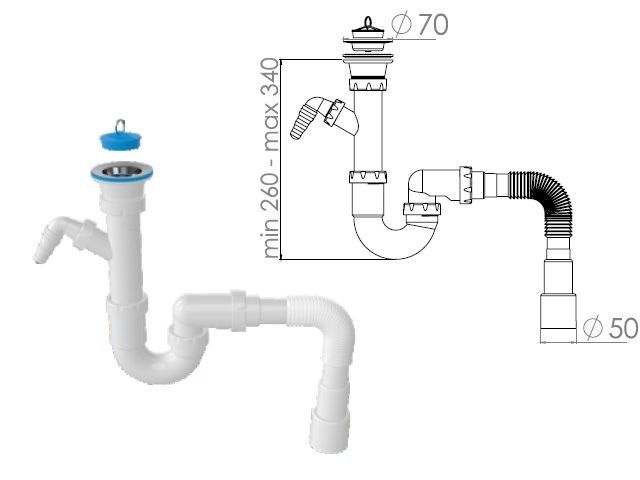 Сифон для кухни прямоточный с  выпуском 70мм, с гибкой трубой 1 1/2&quot; - 40/50мм, AV Engineering