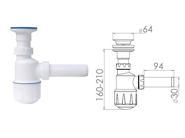 Сифон для умывальника, выпуск 64мм, с отводом 32мм, AV Engineering