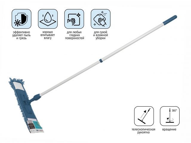 Швабра для пола с насадкой из шенилла, темно-синяя, PERFECTO LINEA