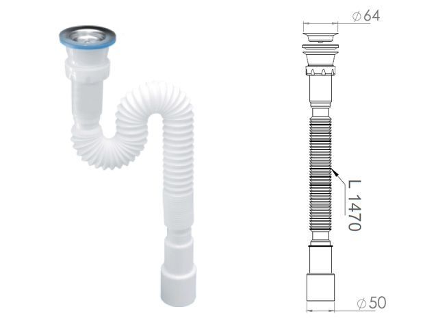 Сифон 1 1/2&quot;х40/50 гофрированный (удлинённый), выпуск 64мм, AV Engineering