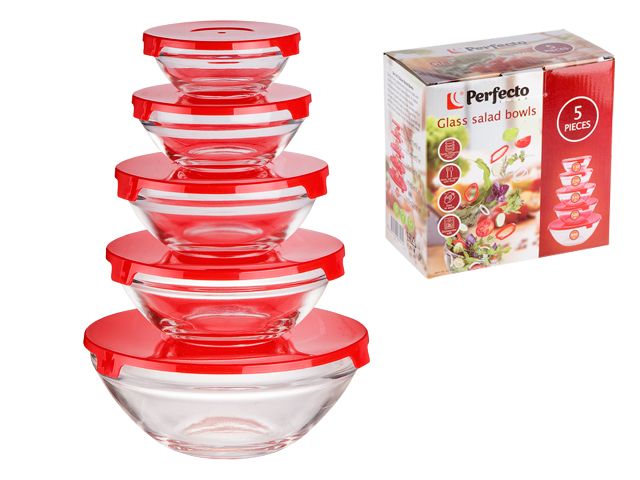 Изображение 2 Набор салатников стеклянных с крышками 5шт., Позитиво (Positivo), PERFECTO LINEA