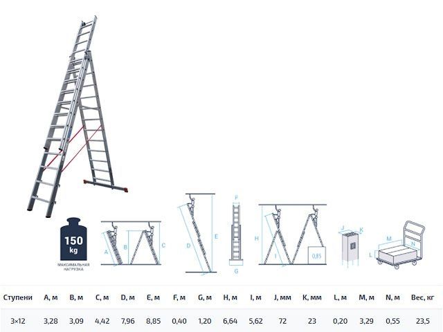 Лестница алюм. 3-х секц. 309/796/328см 3х12 ступ., 23,5кг  NV5230 Новая Высота