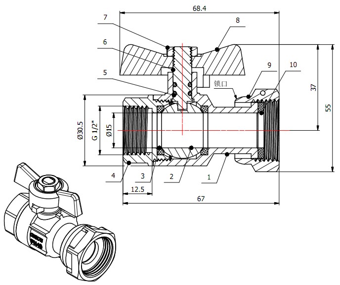 Кран шаровый с накидной гайкой 1/2" вн. х 3/4" вн. PN40, AV Engineering ...