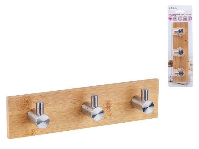 Изображение 2 Планка самоклеящаяся 3 крючка PEGASUS, нержавеющая сталь/бамбук, блистер, PERFECTO LINEA