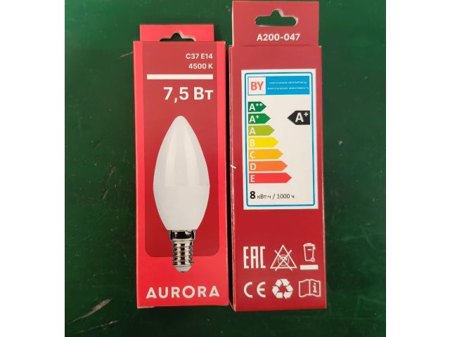 Изображение 1 Лампа светодиодная C37 СВЕЧА 7,5Вт 230В E14 4500K AURORA