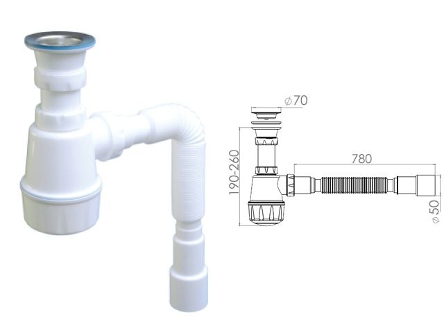 Сифон для кухни с прикручивающимся выпуском 70мм,  с гибкой трубой 1 1/2&quot; - 40/50мм, AV Engineering