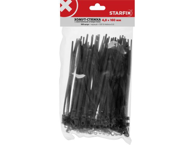 Изображение 3 Хомут-стяжка с монтажным отверстием 4.8х160 мм черный (100 шт в уп.) STARFIX