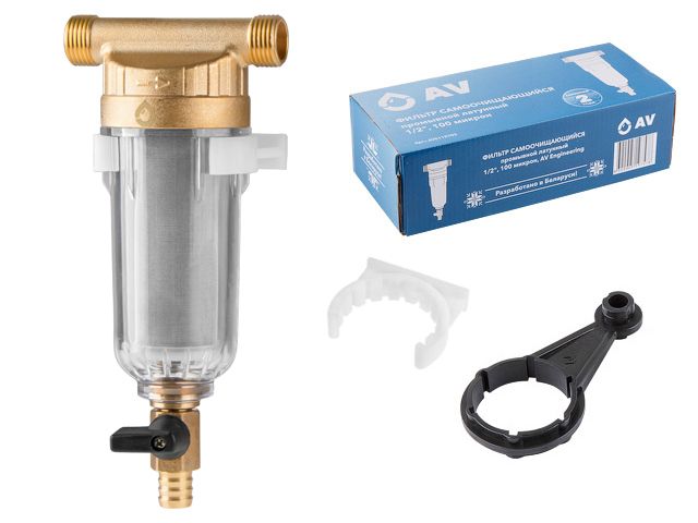 Фильтр самоочищающийся 1/2" нар., 100 микрон, AV Engineering (инд. упак ...