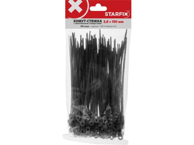 Изображение 3 Хомут-стяжка с монтажным отверстием 3.6х150 мм черный (100 шт в уп.) STARFIX