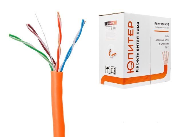 Кабель витая пара U/UTP Cat5E 4х2х24AWG (0.51мм) 305м, CCA, внутр. (ПВХ) Юпитер