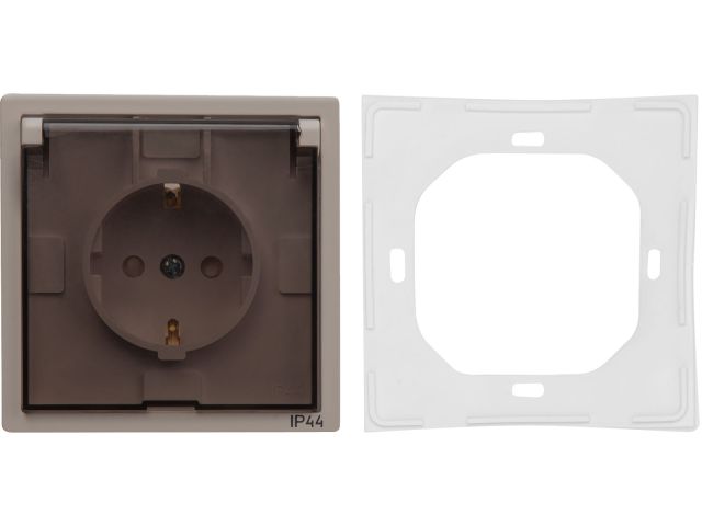 Розетка 1-ая с з/к крышкой прозрачн (скрытая, с/з, з/ш, брызг. защ.) песочная, Carre, BYLECTRICA