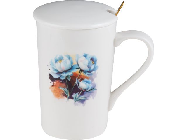 Кружка керамическая с крышкой и ложкой, 350 мл., PEONY, PERFECTO LINEA