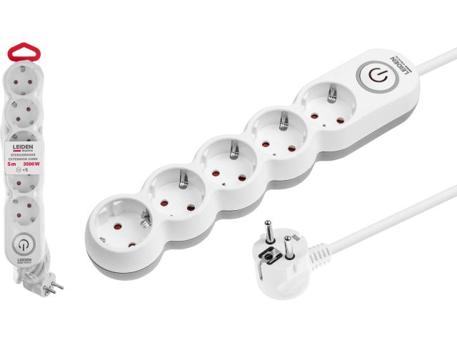 Удлинитель 5м (5 роз., 3,5кВт, с/з, выкл, ПВС 3х1,5) LEIDEN ELECTRIC