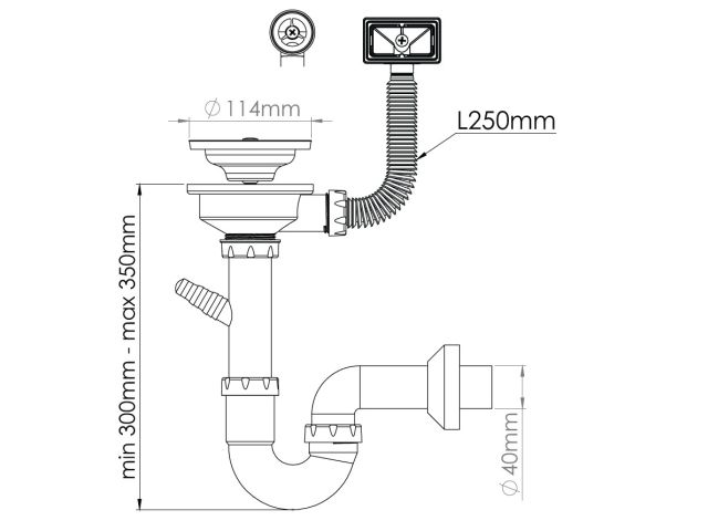 Изображение 2 Сифон для кухни прямоточный с аварийным выходом, отвод, выпуск 3 1/2, 1 1/2"-40/50мм, AV Engineering