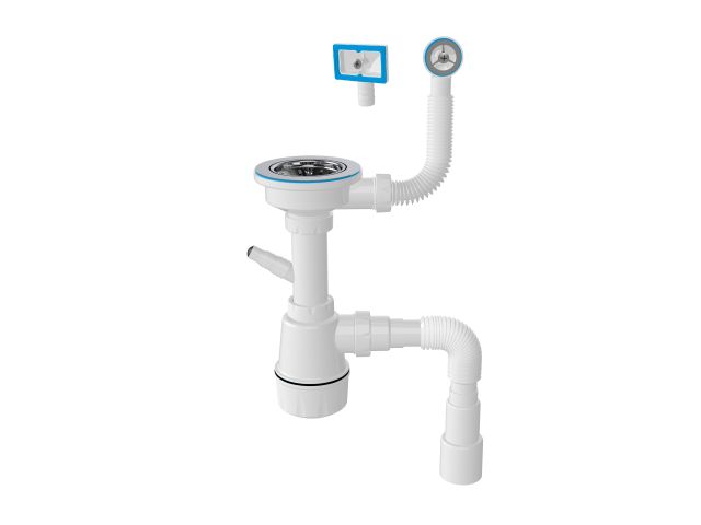 Изображение 1 Сифон для кухни, два перелива, латунный винт, выпуск 3 1/2, с гибкой трубой 1/2" - 40/50мм, AV Engin