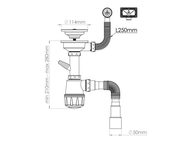 Изображение 2 Сифон для кухни, два перелива, латунный винт, выпуск 3 1/2, с гибкой трубой 1/2" - 40/50мм, AV Engin