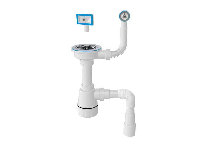 Изображение 2 Сифон для кухни, два перелива, пластик. винт, выпуск 3 1/2, с гибкой трубой 1/2" - 40/50мм, AV Engin